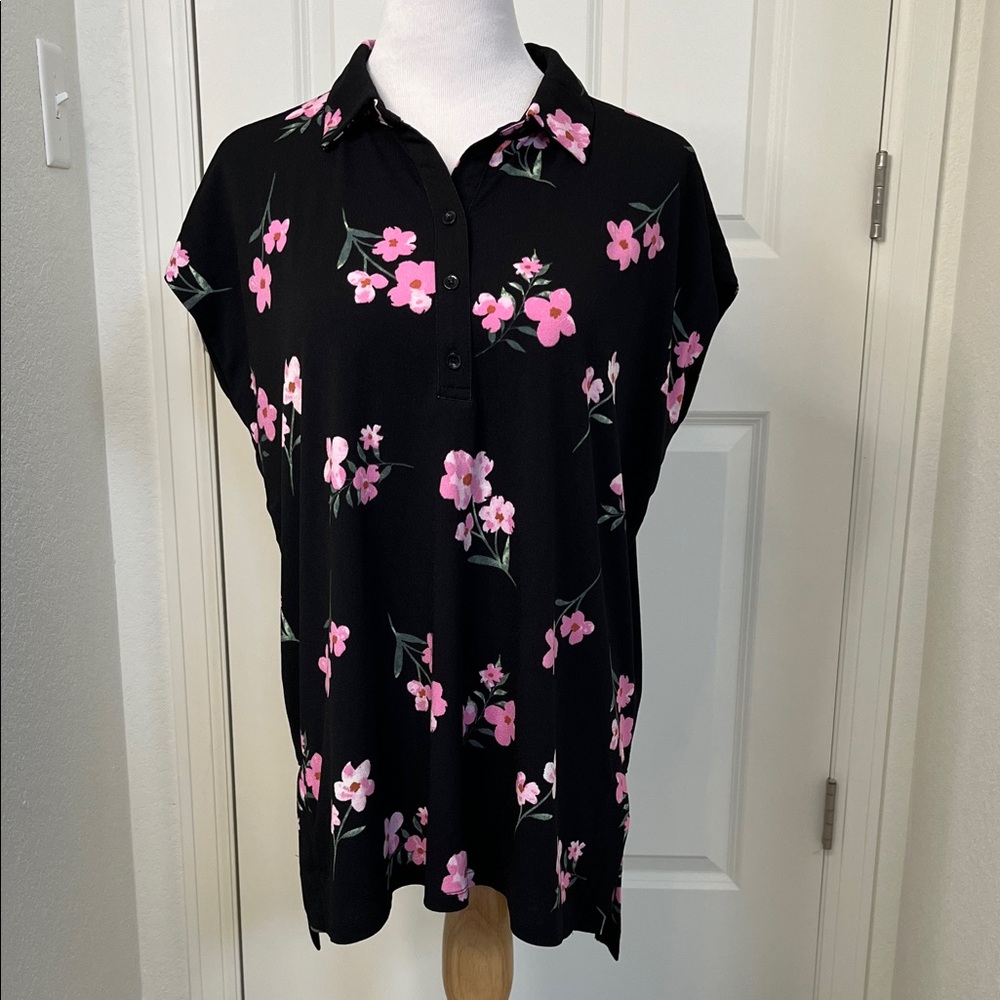 LuLaRoe Cori Collared Tunic Top Large 12-14 Black Pink Floral Button Blouse